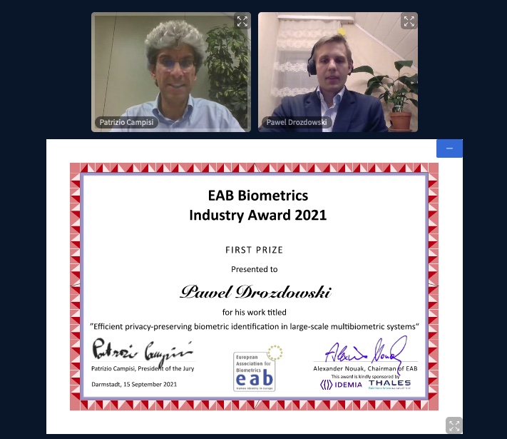 [Photo] Prof. Patrizio Campisi presents Pawel Drozdowski with this year's European Biometrics Industry Award