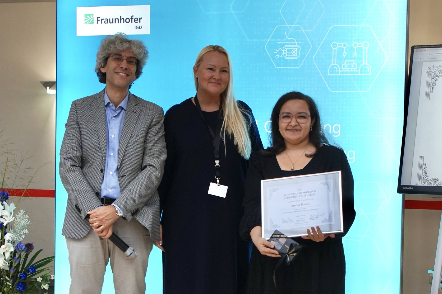 [Photo] Winner of the EAB Industry Amina Bassit together with Chairman of the Award Committee Prof. Patrizio Campisi and Chairperson of the European Association for Biometrics Fr&oslash;y L&oslash;v&aring;sdal.